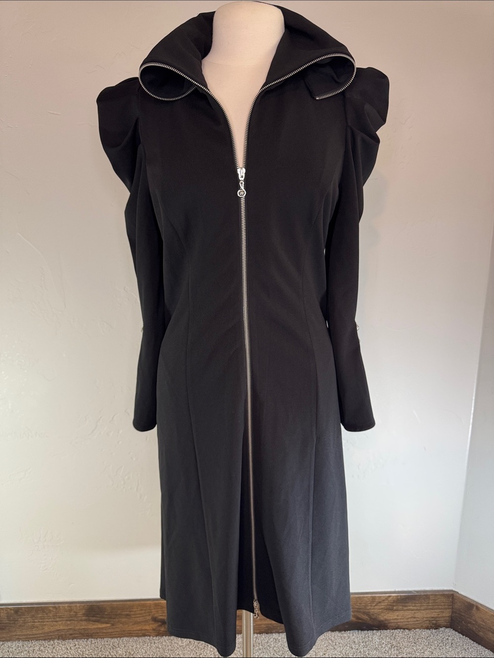 Samuel Dong Black Long Sleeve Zip-Front Puff Shoulder Dress Tagged S Fits M